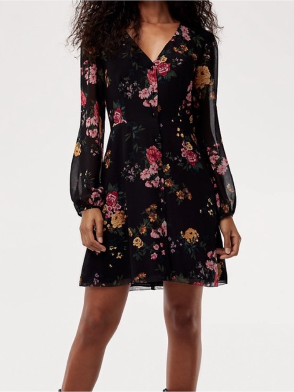 Wilfred Nazaire Black Floral Print Mini Long Sleeve Dress